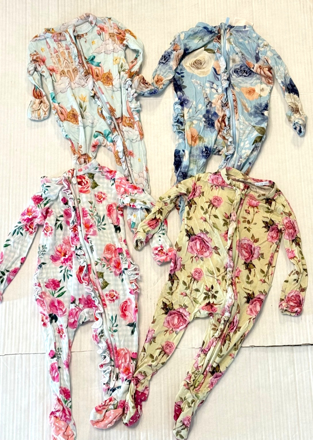 Posh Peanut size 0-3 Months LOT of 4 ruffle bottom one piece footed sleepers