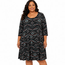 Karen Kane Jersey Knit Knee Length Black Print Stretch Pullover Dress sz 2X