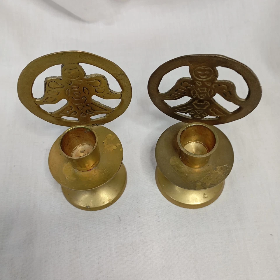 🕯️Paire de Bougeoirs Vintage en Laiton Doré - Motif Anges - Bougies chandelles - Photo 4/4