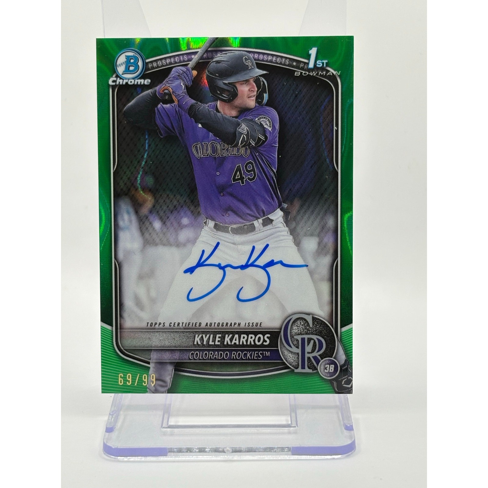 2025 Bowman Chrome Kyle Karros 1st Green Lava Refractor Auto 69/99 SP Rockies