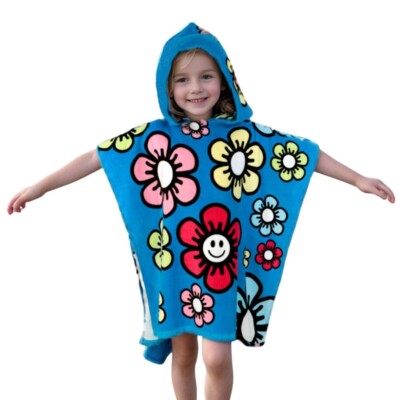 Mädchen Strandtuch Poncho mit Kapuze Blumen 100% Baumwolle 2-6 Jahre Blau Lächeln Sonne Pro