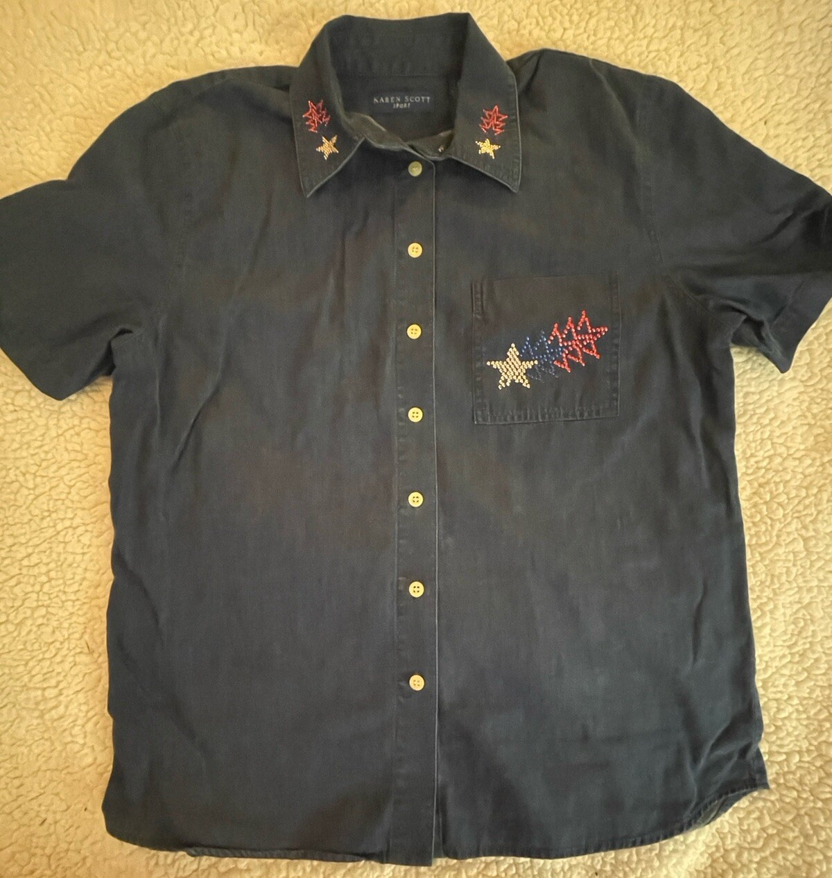 Patriotic Star Embroidered Denim Top in Red Blue Silver Size S