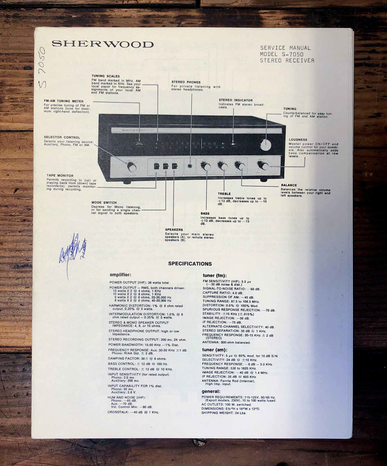 Sherwood S-7050 Receiver  Service Manual *Original*