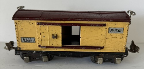 LIONEL O SCALE LINES 655 YELLOW AND BROWN BOX CAR SLIDING DOORS PRE WAR 1939 USA - Picture 2 of 20