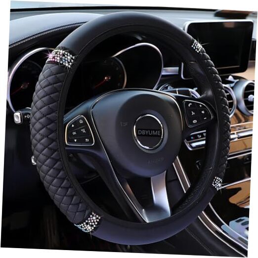 Leather Car Steering Wheel Cover with Bling Bling Crystal Rhinestones, Black