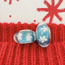 2pcs Authentic 925 Silver Glass Murano Charm Light Blue Snowflake European Charm