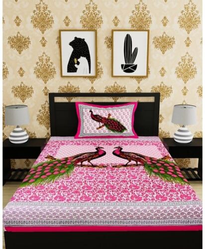 Single Size Peacock Print Cotton Bed Sheet With One Pillow Cover 60"x90" Inch - Picture 1 of 1