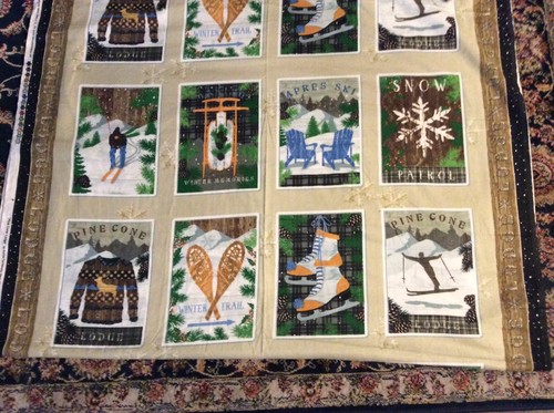 Henry Glass Pine Cone Ledge snowflake skate skier sled flannel fabric panel 45w - Picture 3 of 12