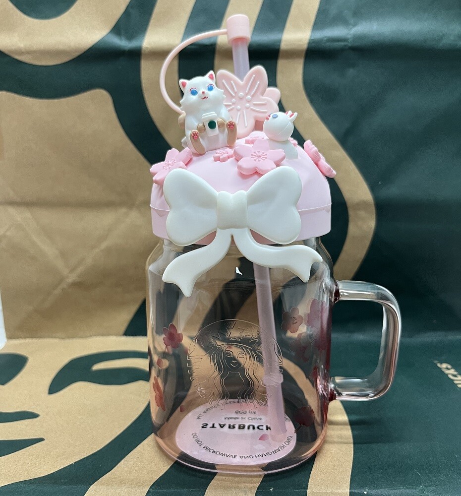 2023 Starbucks Cute Cat Gradient Pink Tumbler + Sakura Topper 20oz Cold Cup Gift