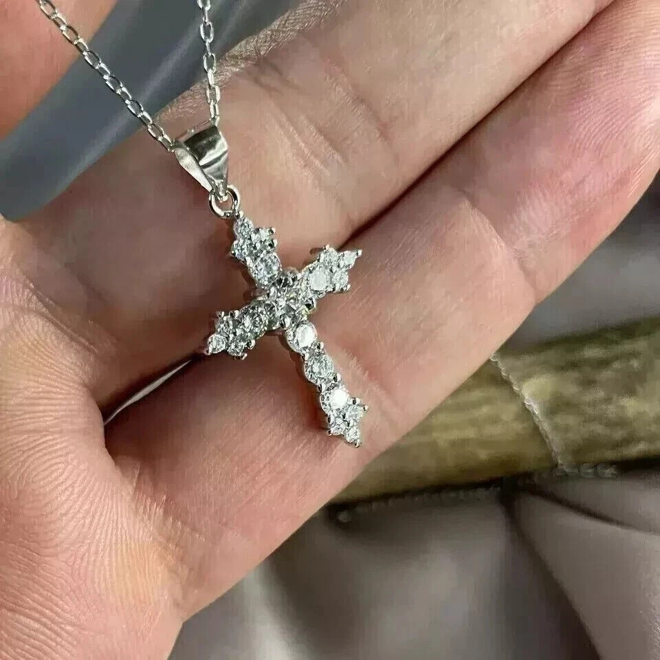 2.00Ct Round Cut Simulated Diamond Women's Cross Pendant 14K White Gold Plated - Image 3 of 3