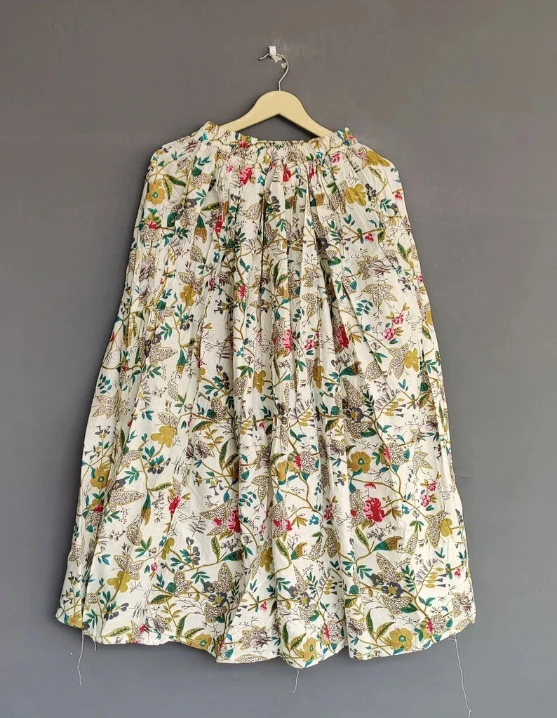 Indian White Floral Skirt Pure Cotton Skirt, Long Skirt, Free Size Beach Wear AU