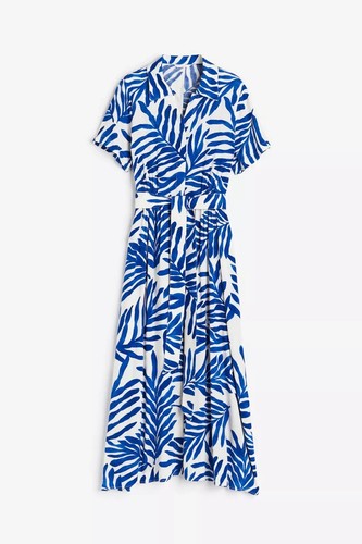 H&M TIE-BELT SHIRT DRESS BLUE WHITE TROPICAL PALM SAFARI MIDI S SMALL 8 10 6 38 - Picture 6 of 8