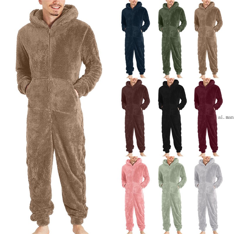 Para hombres Pijama de una pieza Coral Polar Mono Prendas para dormir Con capucha Cremallera Bolsillo