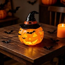 Witch Hat Pumpkin Night Light Small Resin Jack-o-Lantern Gothic Halloween Lamp