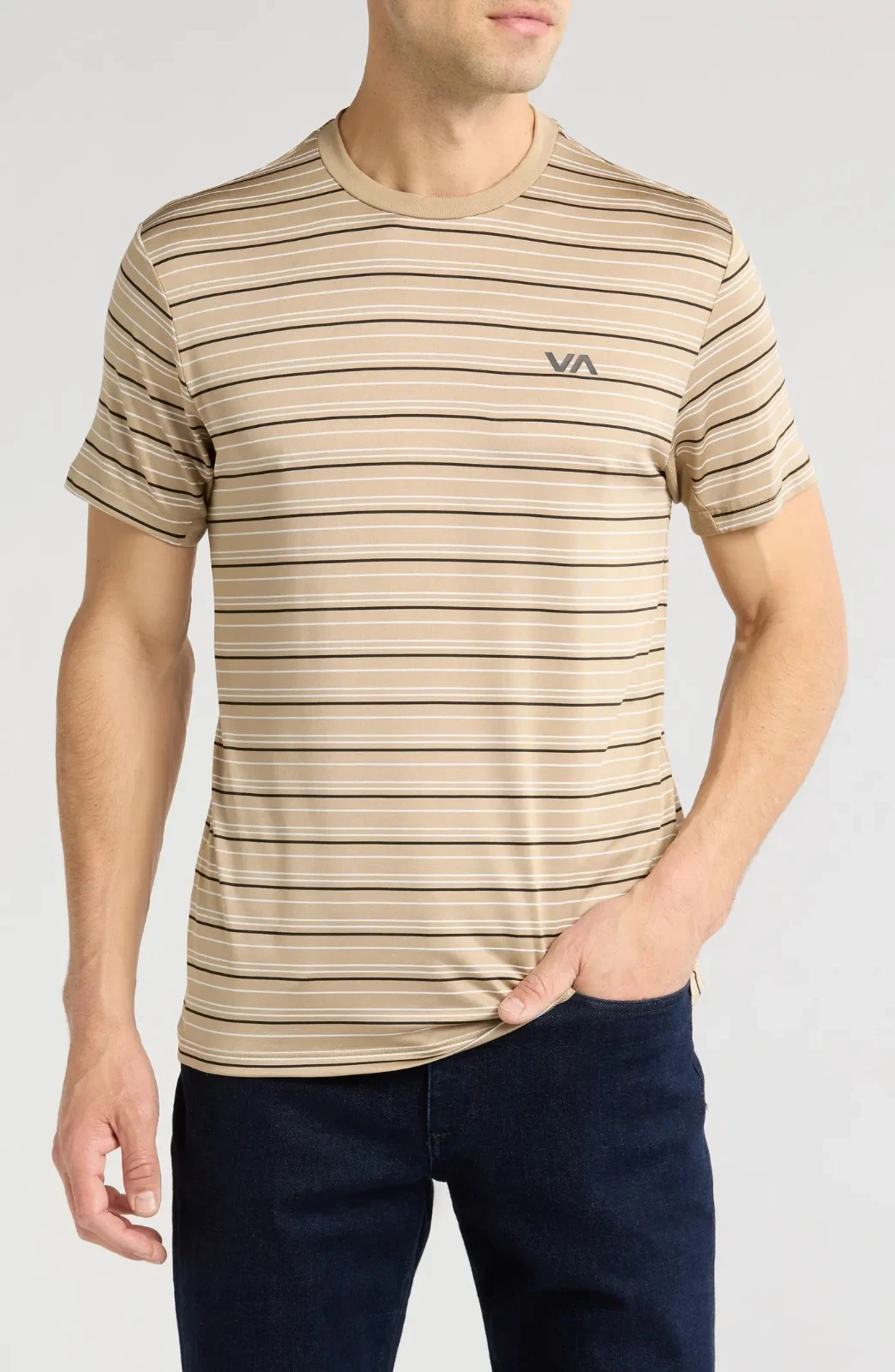RVCA Men's Sweep Stripe Crew Short Sleeve T-shirt Khaki, XL