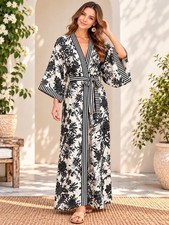Palm Tree Print Cover Up Robe, Beach Wear Robe Summer For Women Kimono Black