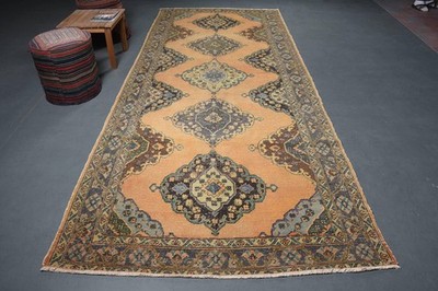 Vintage Turkish Rug 5,1x12,2 ft, Brown Large Check Wool Rug
