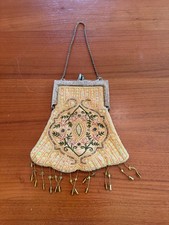Antique 1920's Yellow Raw Silk Metal Frame Purse Handbag Embroidered Beaded