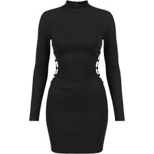 Windsor Womens Black Mock Neck Side Lace Up Cutout Long Sleeve Mini Dress S