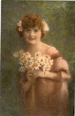 Oblaten scrap chromo Karte  Dame ''Blumen MB 2602'' 13,8 cm