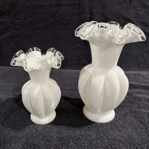 2 Vintage Fenton White Milk Glass Silver Crest Melon Vase double Crimped