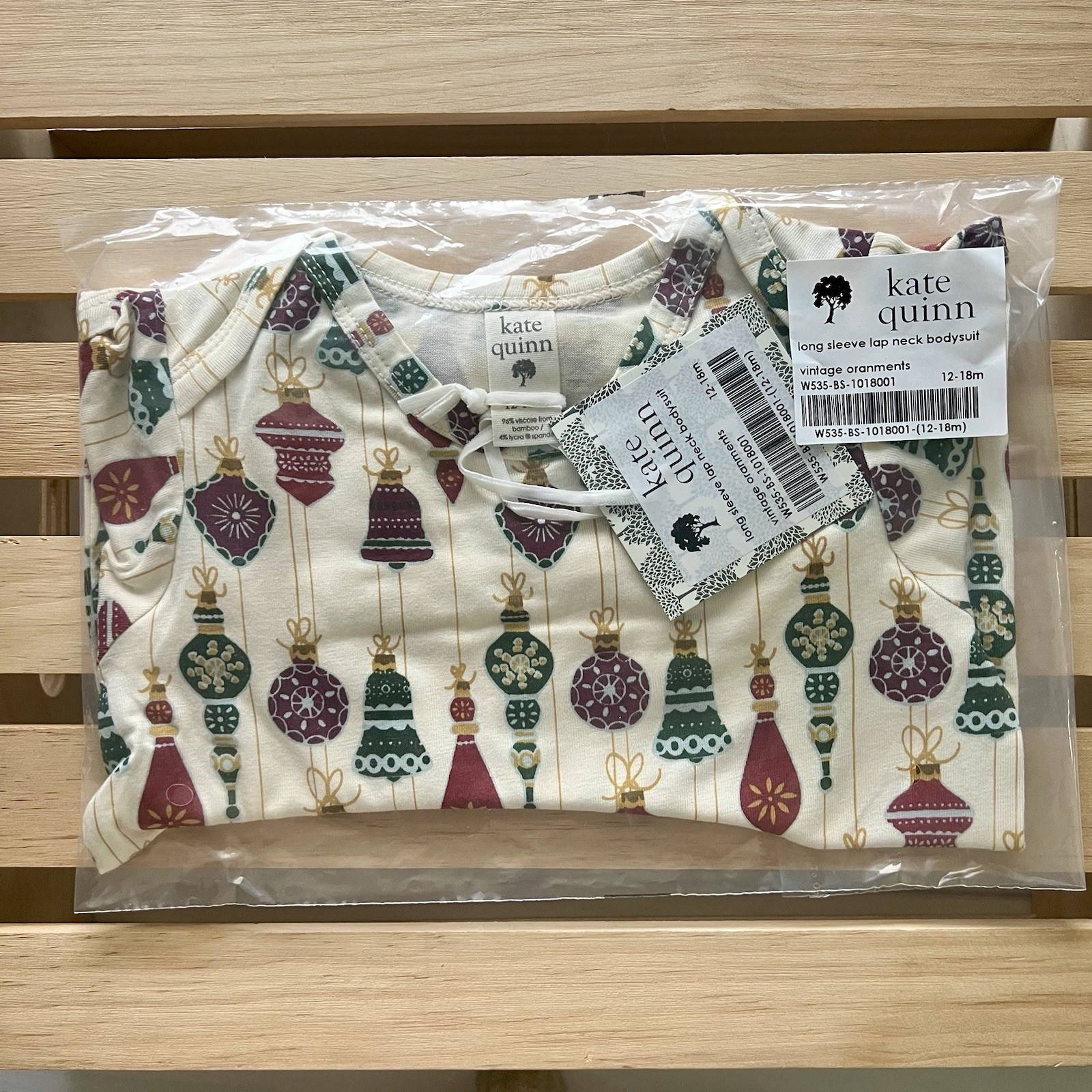 NIB Kate Quinn 12-18m Long Sleeve Lap Neck Bodysuit Vintage Ornaments Bamboo
