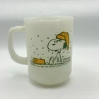 Vintage Fire King Snoopy Peanuts Milk Glass Mug Winter Snowing on French Toast