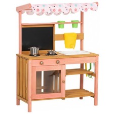 Qaba Kids Mud Kitchen with Canopy, Outdoor Wooden Play Kitchen with Planter Box,
