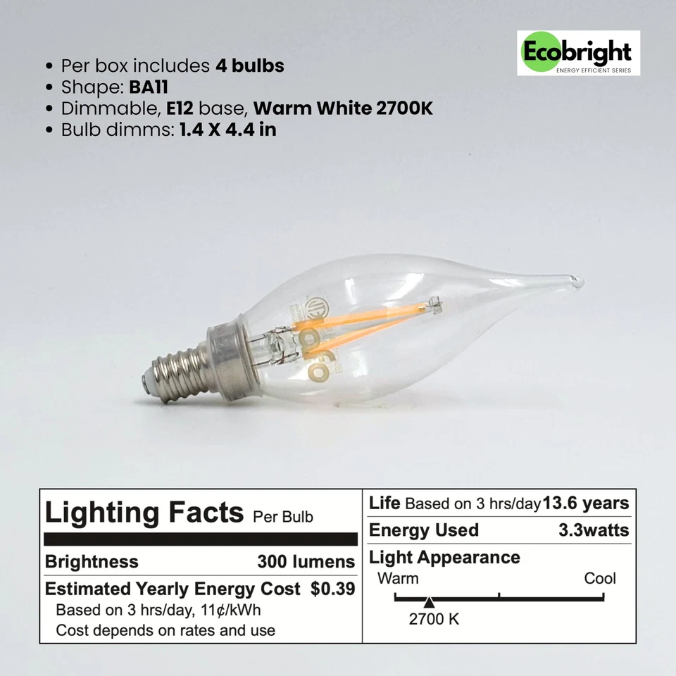 EcoBright BA11 CA11 LED Candelabra Bulbs Dimmable Filament Candle Lights 40W ... - Image 2 of 4