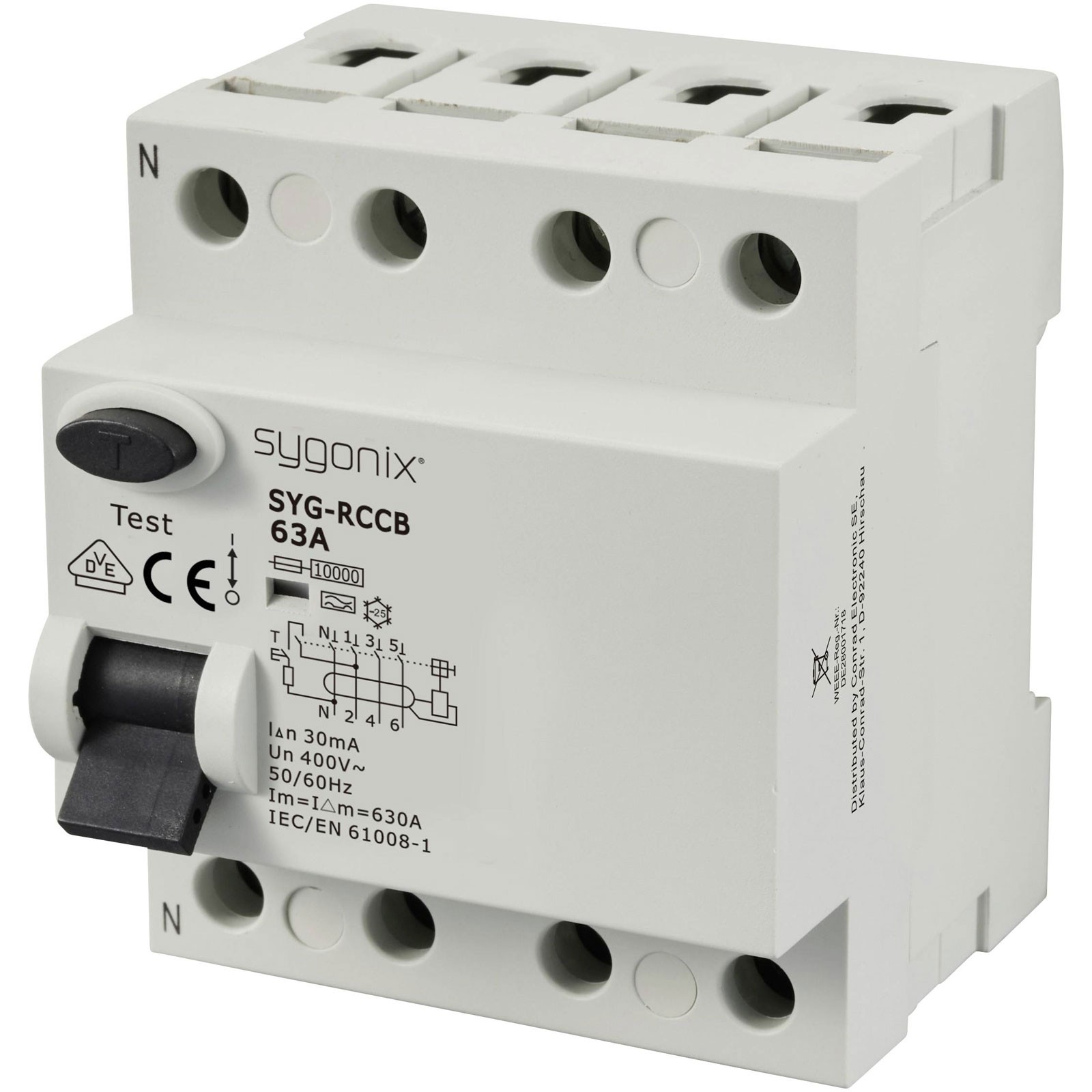 Sygonix RCCB 3P+N 63A 10kA 30mA 400V AC 4-pin