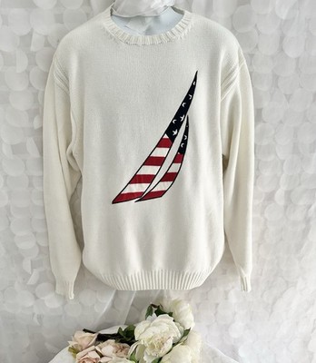 VTG Y2K Nautica Mens Large White Knit Sweater Sailing Nautical Preppy Golf