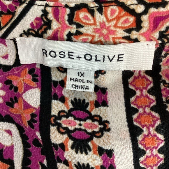 Rose + Olive 1X Patchwork Print Button Front Blou… - image 6
