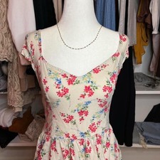 Ivory Floral Fit Flare Sundress Smocked Back Ruffle Sleeve Tie Back Cotton