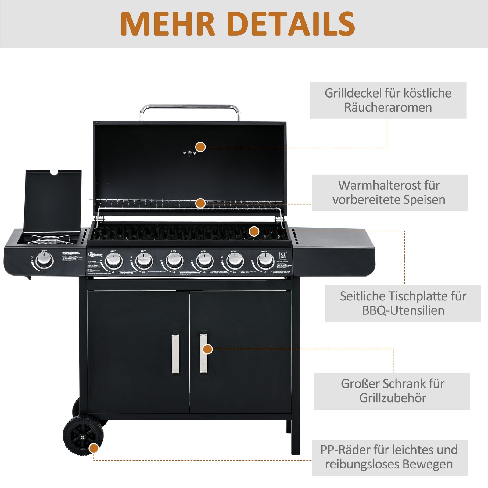 Gasgrill BBQ Grillwagen mit 7 Brennern Schrank Multifunktion Metall Schwarz