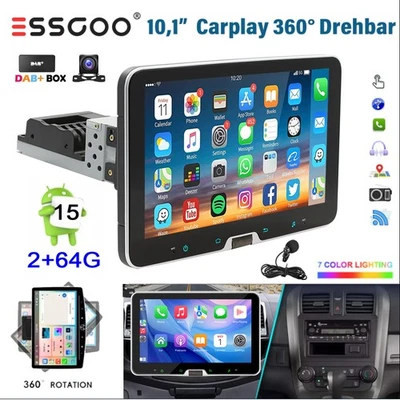 DAB+ 360° Android 15 Carplay 10.1" Autoradio GPS 1DIN Drehbar Bildschirm Kam MIK - Bild 1 von 4