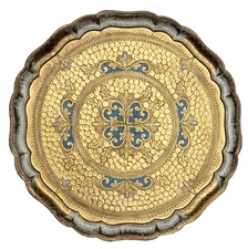 Vintage Florentine 17" Round Scalloped Wood Tray Gold Blue Hearts Hammered