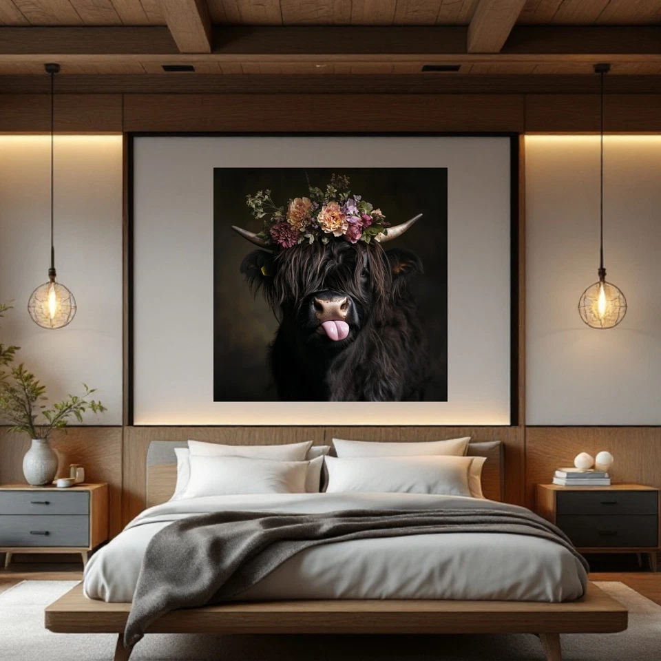 Freches Hochlandrind Luzy – Lustiges Kuh Leinwandbild mit Blumenkranz | Wanddeko - Bild 2 von 4