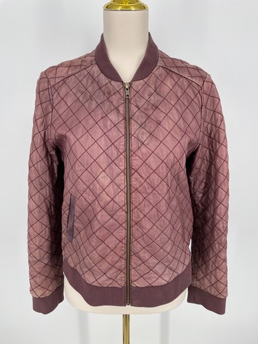 Halogen Womens size L Petite Bomber Burgundy Quilted Soft genuine Leather jacket - Picture 13 of 13