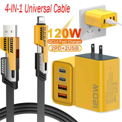 120W 4-Port USB C PD Fast Wall Charger Block,6FT 4-in-1 Cable For All Cell Phone