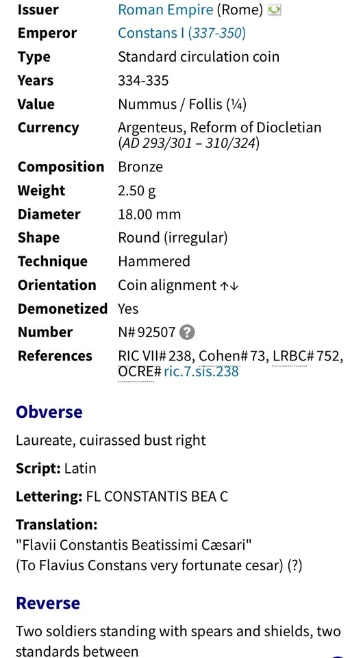 2 Roman Soldiers Ancient Coin 337-342 AD Emperor Constans Genuine Nice Details - Image 3 of 4