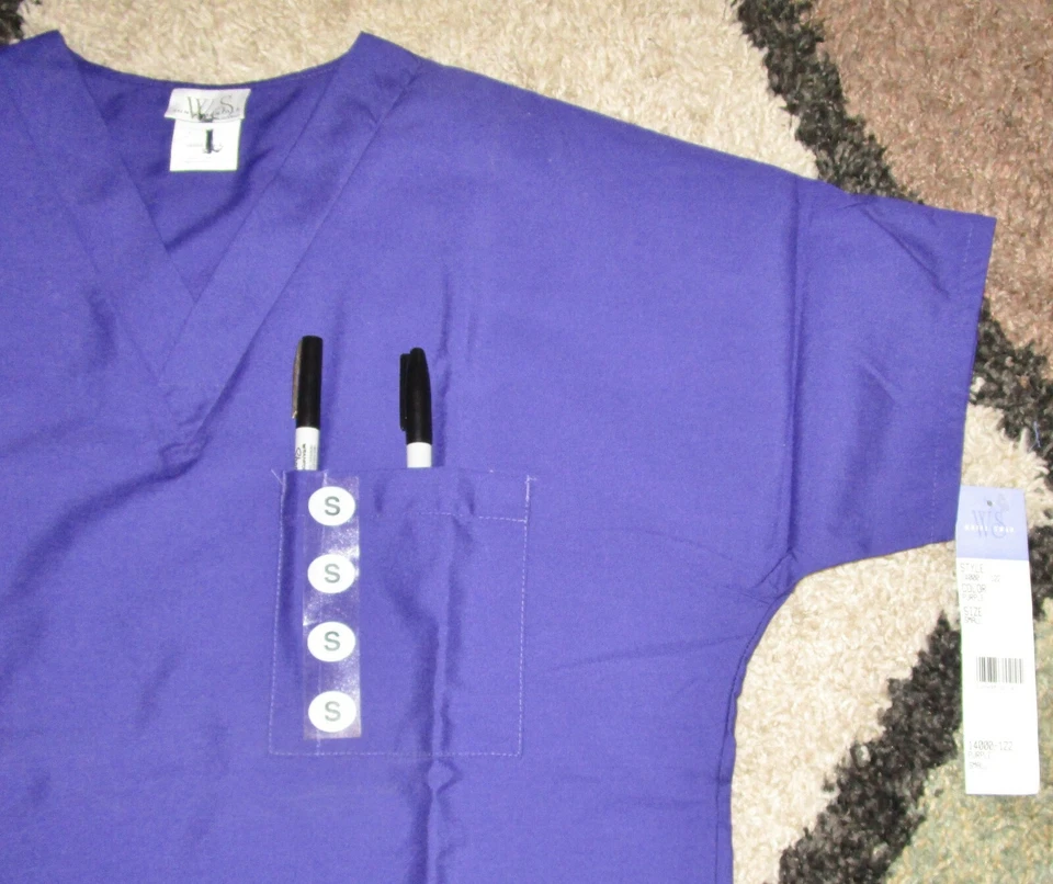 3 Pc White Swan Unisex V Neck Top Pocket Scrub Top Sz S 14000 Tan Ivy Purple - Image 3 of 4