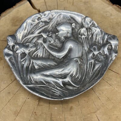 Decorative Light Silver metal tray unknown artist no markings Girl In Forrest