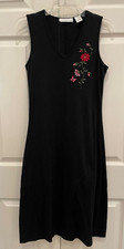 Vintage 90's Embroidered Flowers Black Sleeveless V-Neck Midi Dress Size M