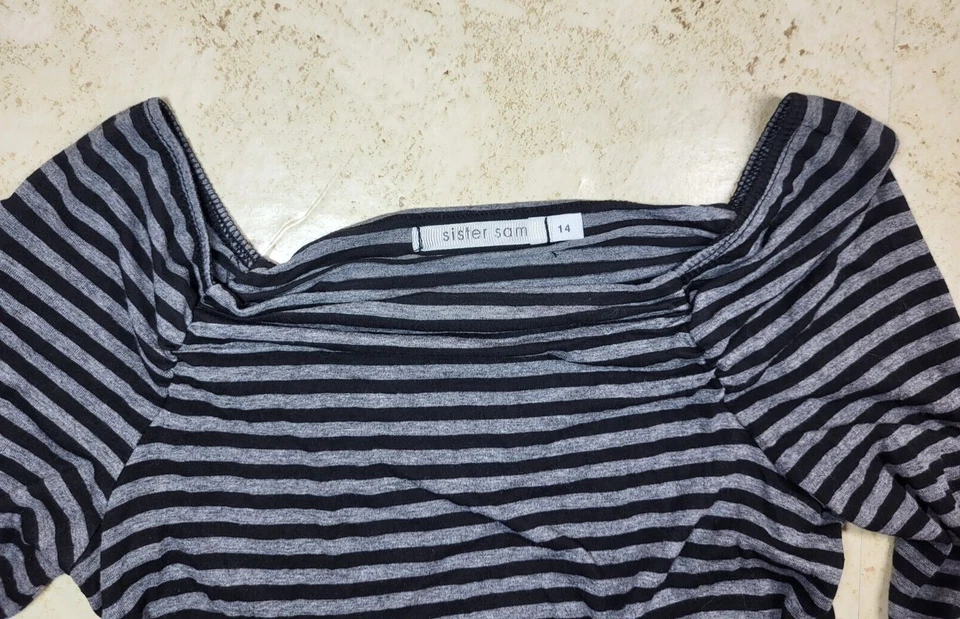 Vestido Camiseta Sister Sam Negro Gris Rayas Manga Globo Elástico Talla 14 EE. UU. Foto 3 de 4