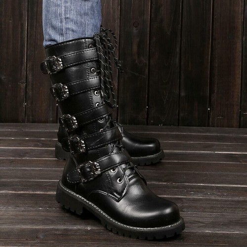 Mens Steampunk Leather Combat Boots Knee High Army Military Shoes Buckle Gothic - Picture 5 of 18