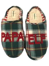 Dearfoams Mens Green Plaid Papa Elf Holiday Slippers Scuffs House Shoes