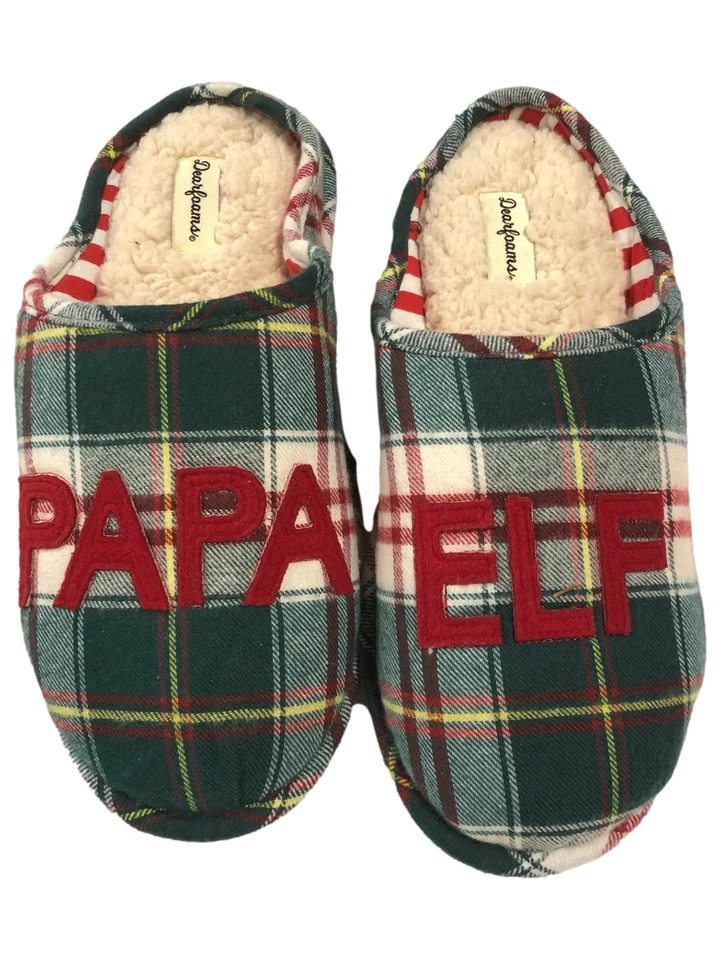 Dearfoams Mens Green Plaid Papa Elf Holiday Slippers Scuffs House Shoes - Image 1 of 1