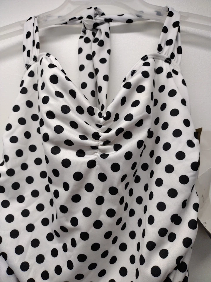 NEW Esther Williams Swimsuit Halter Tie Polka Dot Suit Sz 16 One Pc White Black - Image 2 of 4