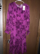 A New Day Purple Floral Puff Sleeve Elastic Tie Waist Midi Dress Small Women NWT