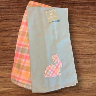 Easter Kitchen Towels Set In Green, Pink & Yellow With A Plaid Easter Bunny